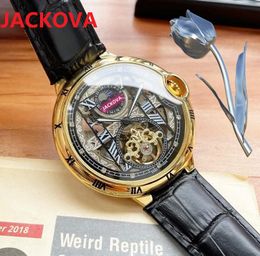 Men Mechanical Watches 46mm Tourbillon President Switzerland Black Brown Genuine Leather Hollow Skeleton 2813 Automatic Wristwatch