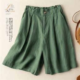Womens Shorts Summer Linen Casual Loose Ladies Cotton Shorts Solid Color Buttons Oversized Shorts Women High Waist 220419
