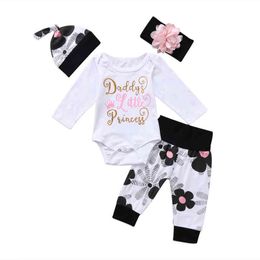 Citgeett Autumn 4 Piece Newborn Kids Baby Girl Daddy Little Princess Floral Clothes Jumpsuit Bodysuit Trousers Outfit Spring Set ss J220711