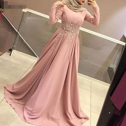 Blush Pink Muslim Evening Dresses Long Sleeves high neck applique A-Line Beads Lace Dubai Arabic Special Occasion Hijab Formal Dress Party Gown