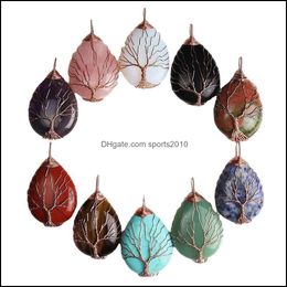 Arts And Crafts Natural Stone Healing Crystal Tree Of Life Charms Waterdrop Pendants Rose Quartz Copper Wire Wrapped Trendy Sports2010 Dhmt8