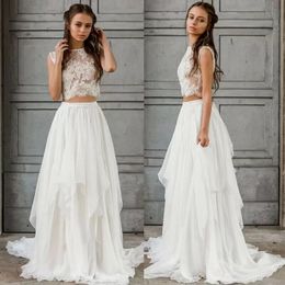 Custom Made Sexy Two Piece Boho Wedding Dress 2021 Crop Top Chiffon Summer Beach Garden Bride Dresses Floor Length Bohemian Country Bridal Gown Zipper Back