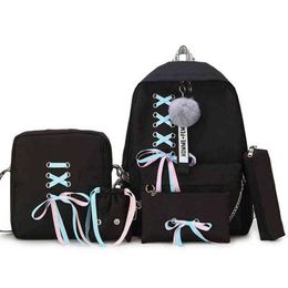 4 Set School Backpack Women Fashion Ribbon School Bags For Teenage Girls Kids Bags Children Schoolbag Casual Shoulder Bag