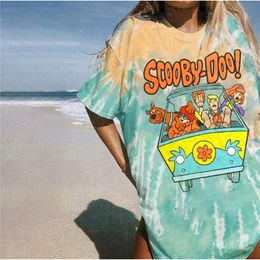 tie dye Cartoon Print Shirts Woman Summer Cute Letter Animal Short Sleeve Graphic Oversize Harajuku Casual Loose T-shirt Tee Top 220411