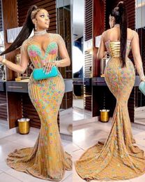 Plus Size Arabic Aso Ebi Gold Luxurious Mermaid Prom Dresses High Neck Lace Beaded Evening Formal Party Second Reception Gowns Dress