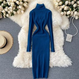 Sweater Dress Winter Turtleneck Warm Long Sleeve Knit Korean Fashion Casual Solid Women Midi Bodycon 220402