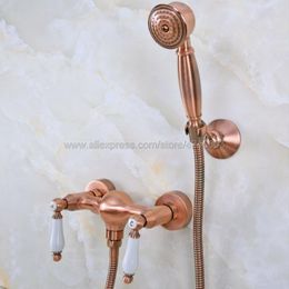 Bathroom Shower Sets Antique Red Copper Faucet Bath Mixer Tap With Hand Head Set Wall Mounted Kna299Bathroom