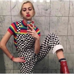 GEZOUR New Retro Old School Hiphop Style Black and White Plaid Mosaic Checkerboard Lattice Overalls Bodysuit Women Jumpsuit 210326