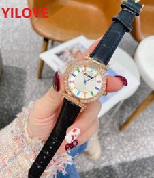 Top quality nice model Fashion lady Colour diamonds watch 36mm genuine leather strap causal women quartz women's boutique Sapphire Mirror Casual wristwatch reloj