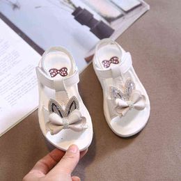 2021 Summer Sandals Baby Girl Rhinestone Bow Roman Shoes Fashion Flat Beach Shoes Soft Bottom Non-slip Shoes G220418