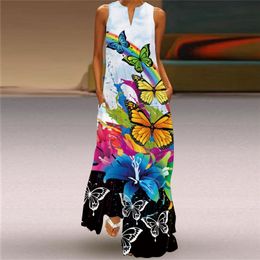 Ladies Summer Sexy Sleeveless V Neck 3D Printed Dress Retro Floral Plus Size Maxi Women Loose Beach Vestidos es 220613