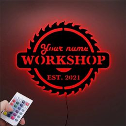 Gear Shape Workshop Sign Lamp Night Light Personalised Custom Name Date Wooden LED Wall Light for Room Decoration Remote Control 220623