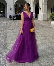 Simple Purple Tulle Long Prom Dresses V Neck Floor Length Evening Gowns Women Formal Party Plus Size