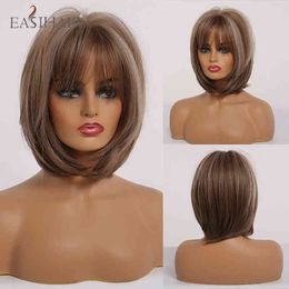 EASIHAIR Dark Brown Short BoBo Hairstyle Bang Wigs with Blonde Highlight Cosplay Heat Resistant Synthetic for Women 220525