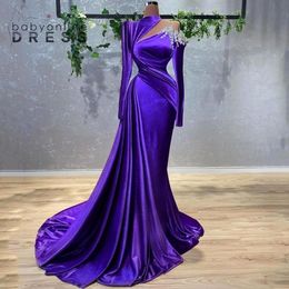 Purple Long Sleeves Satin A Line Evening Dresses 2022 Ruched Applique Formal Prom Gowns Vestidos BC1332