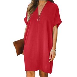Summer Dress Women Casual Loose Dresses V Neck Mini Dress For Women Retro Short Sleeve Red Basic Dress Femme Robes Y2K Plus Size 220513