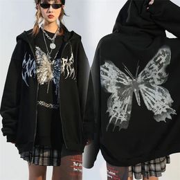 Felpe con cappuccio da donna Harajuku autunno inverno punk farfalla stampata manica lunga cerniera allentata giacca cappotto felpa oversize femminile 220725