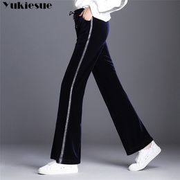 Pantaloni a gamba larga per donna pleuche velour vita alta elastico patchwork a righe OL pantaloni lunghi casual pantaloni femminili Taglie forti 210412