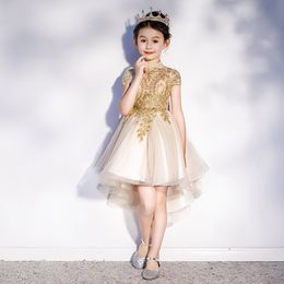 2022 Lovely Sequined Flower Girls Dresses Cross Gold High Low Communion Party Gowns Puffy Tulle Birthday Ball Gown Little Girls Pageant Dress