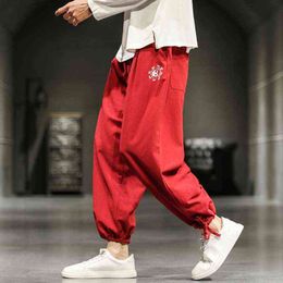 Men Linen Wide Pipe Pants Japanese Harajuku Kimono Male Casual Loose Cotton Skirt Joggers Harem XL J220629