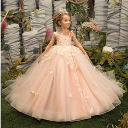 Princess Pink Flower Girl Dresses A Line Jewel Neck Appliques Puffy Tulle Long Kids First Communion Gowns Children Birthday Party Dress MC2300