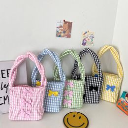 Evening Bags Kawaii Pink Black Plaid Shoulder Bag Teen Girl Handbag Lady Fashion Bowknot Top Handle Pack Lolita Sweet Soft Cloth Fabric Tote