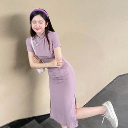 Ethnic Clothing Chinese Styles Improved Cheongsam Young Purple Qipao Dress Traditional Elegant Summer Orientale Sweet Gentle