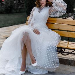 white mesh maxi dress UK - Autumn Fashion Dot Oneck Puff Sleeve Women Casual Elegant Mesh White Maxi Dress Y200805