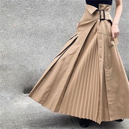 Japan Asymmetrical Casual Pleated Skirt Women Plain Khaki Harajuku Hipster Office Ladies Plus Size High Waist Long Skirts Korea T200301