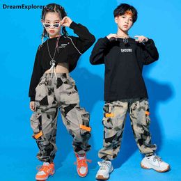 Boy Street Dance Sweatshirt Camouflage Jogger Girl Hip Hop Crop Top Cargo Pants Kids Costume Clothes Set Child Streetwear Outfit