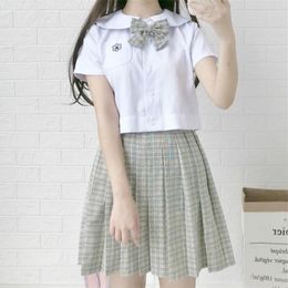 Clothing Sets Japanese College JK Uniforms Bow Tie Doll Collar Short Sleeve Shirt Plaid Pleated Skirt Suit Female Summer School Girl SkirtCl