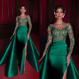 Elegant Mermaid Evening Dresses 2022 Green Formal Dress Long Sleeves Satin Sexy Slit Beads Party Prom Gowns vestidos de noiva B0607X11