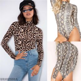 Women's Two Piece Pants Women Sexy Clubwear Leopard Bodysuit Bodycon Skinny Body Suit Turtleneck Long Sleeve Playsuit Printed Romper Jumpsui