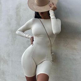 Women's Jumpsuits & Rompers Sexy Ribbed Knit Short Jumpsuit Women Basic Fitness Bodycon Romper Long Sleeve Biker Shorts Casual Streetwear Wo