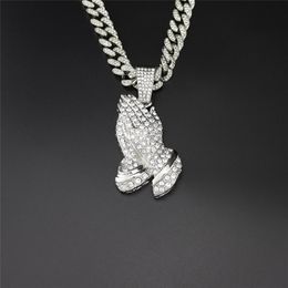 Pendant Necklaces Iced Out Cubic Zircon Praying Hands With Big Miami Cuban Chain For Men Women Hip Hop Christian JewelryPendant