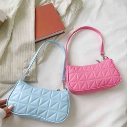 Women's Bag Trend 2022 Underarm Shoulder Bag Embossed Geometric PU Leather Checker Pattern Ladies Solid Colour Handbags Purses G220531