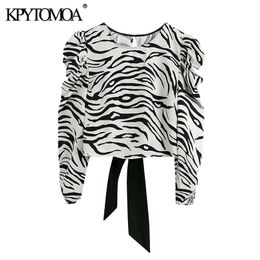 KPYTOMOA Women Fashion Animal Print Cropped Blouses Vintage Puff Sleeve Backless Bow Tied Female Shirts Chic Tops 210308