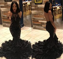 Black Girl Sexy Backless Mermaid Long Prom Dresses Halter Illusion backless Tulle Applique Beaded Feather Layers Sweep Train Evening Gowns