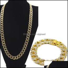 Bracelet Necklace Jewellery Sets Fashion Gold Plated Iced Out 8Inch Bracelets 24Inch Set Hip Hop Chain For Women Men Dhfzr