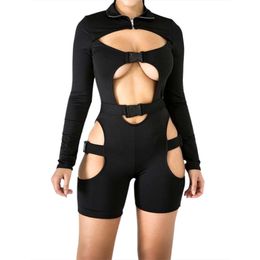 Neuartiger Bandage-Club-Overall für Damen, aushöhlen, langärmlig, dünner Shorts-Bodysuit 8075 W220427