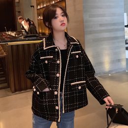 Woollen Coat Women Black Vintage Plaid Tweed Jackets Golden Buttons Elegant Office Lady Outwear Korean