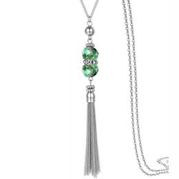 Pendant Necklaces Crystal Bead Necklace Sweater Chain For Women Fashion Silver Color Tassel Long Statement Neck Jewelry GiftsPendant