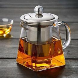 550ml Clear Heat Resistant Glass Teapot Stainless Steel Infuser Philtre Basket High Transparency Heated Square Kettle Flower Tea Pot High Borosilicate ZL0741