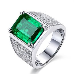 Natural Emerald Luxury Ring For Men 18K Platinum Plated Diamond Ring Emerald Zircon Treasure Open Silver Rings