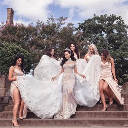 Doskonałe błyszczące kryształowe sukienki ślubne syreny wysokie koraliki na szyję aplikacje długie rękawy seksowna koronkowa sukienka ślubna Dubai suknia ślubna 2022