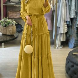 ZANZEA Elegant Off Shoulder Women s Dress Autumn Belted Ruffle Maxi Vestidos Casual Puff Sleeve Solid Beach Robe 7 220613