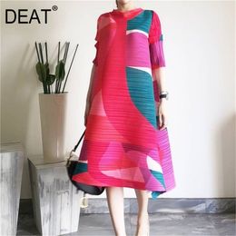 DEAT 2020 Geometric Color Matching Lacing Dress Fashion Over Size Pleated Long Sleeve Loose Dress Women s Fashion LJ200818