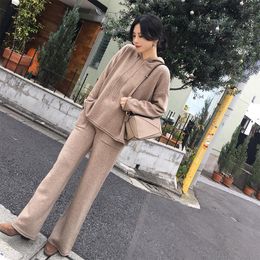 Women's Two Piece Pants Time-limited Wool Full Autumn Suit Women Fashionable Casual Knitted Sports Hooded Sweater And Wide Leg Two-piece