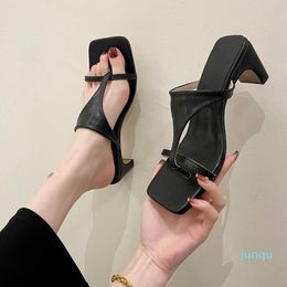 2022-Slippers Herringbone For Women Summer Slides 2022 Style Thick Heel Shoes Ladies Square Head High-Heel Sandals Clip Toe Mules