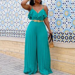 Oversized Chiffon Jumpsuits and Rompers For Women Large Solid High Waisted Pleated V Neck Elegant Evening Night Party Jumpsuits 220725